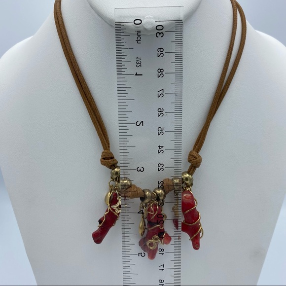 Artisan Red Coral Branch Gold Tone Charm Cord Handcrafted Necklace - Picture 4 of 12